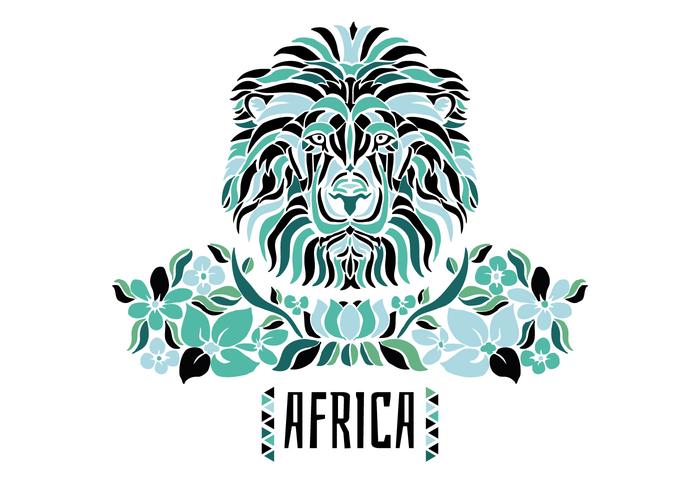 Tribal African Lion With Green Flowers And Leaves vector