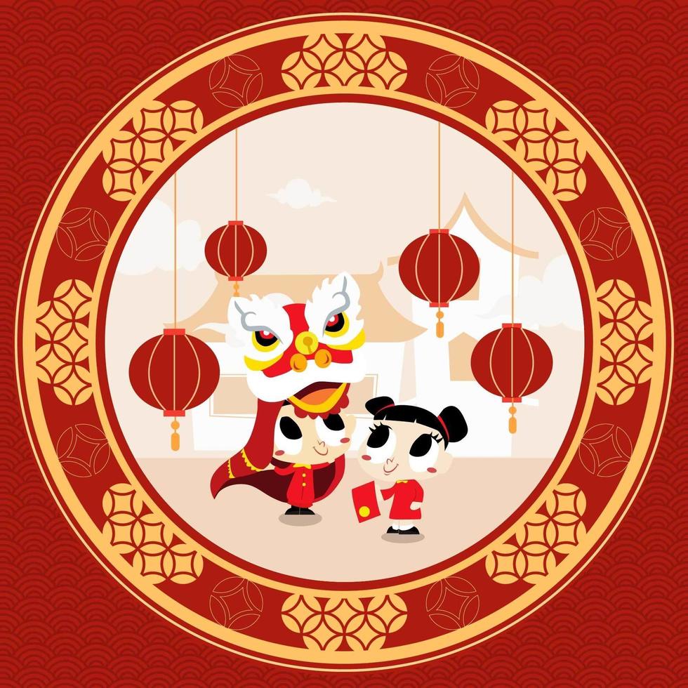 Two Kids Celebrate Chinese New Year vector
