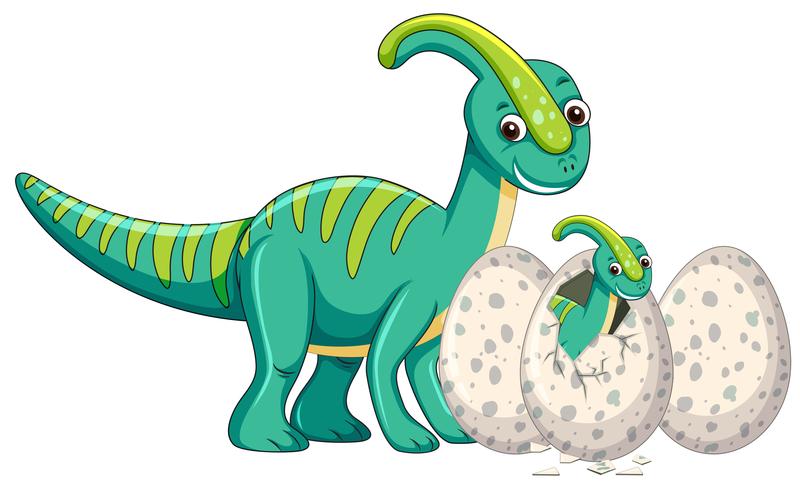 Adult dinosaur and baby dinosaur hatching egg vector