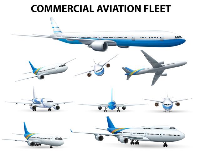 Airplane in different positions for commercial aviation fleet vector