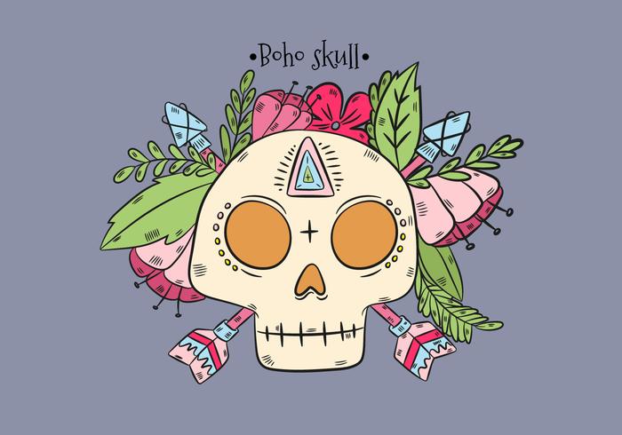 Boho Skull With Leaves And Pink Flowers And Arrows vector
