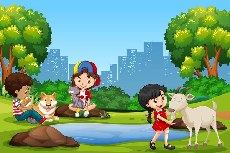 Children and pet in the park vector