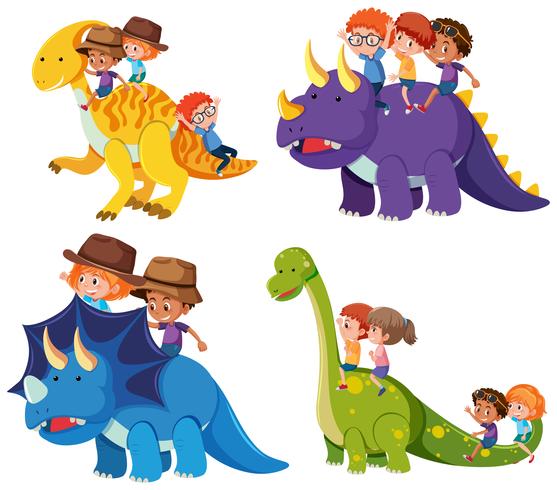 Children ride dinosaur on white background vector