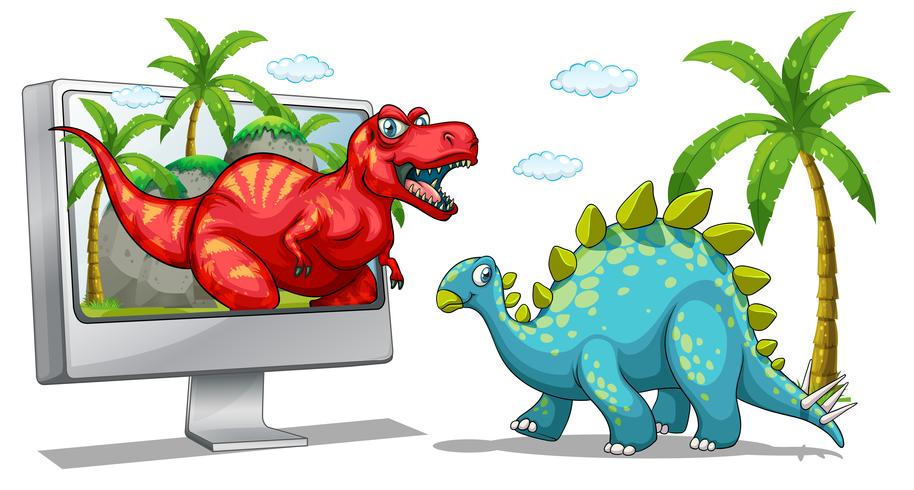 Computer screen with two dinosaurs vector