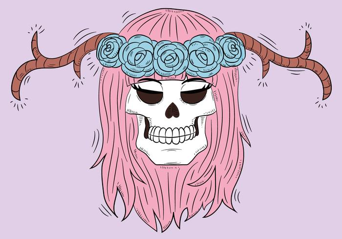 Cute Skull With Horns And Pink Hair vector
