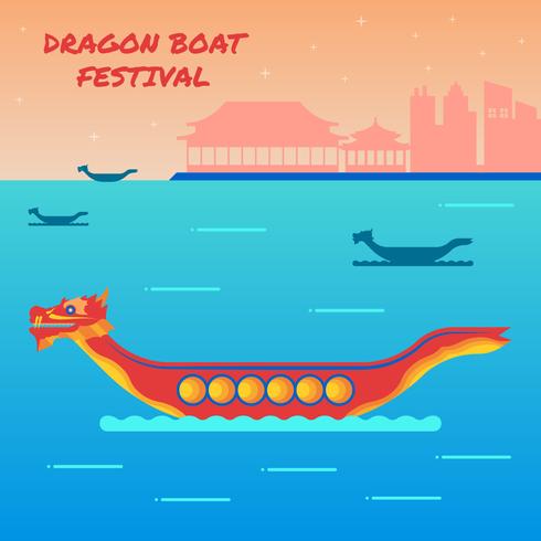 Dragon Boat Festival with Chinese Building Silhouette	 vector