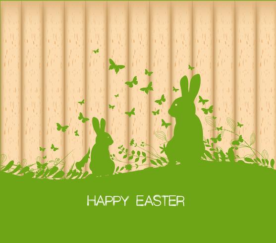 Easter greeting card with rabbit, gift and lights on the wooden background vector