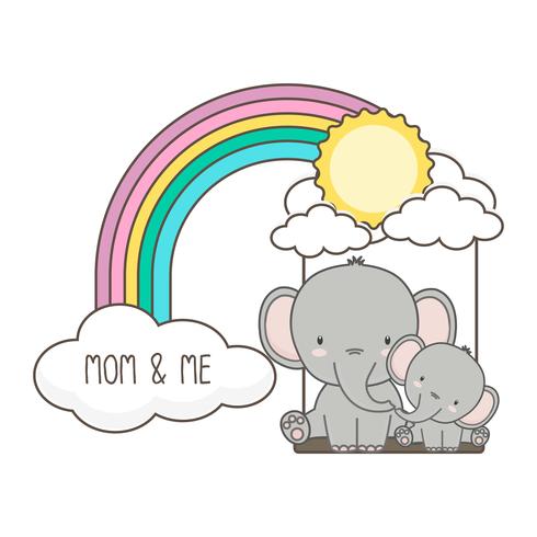 Elephant and baby swing on a rainbow.  vector