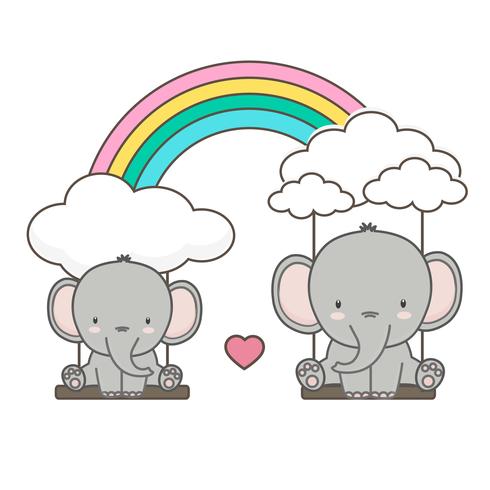 Elephant and baby swing on a rainbow. vector