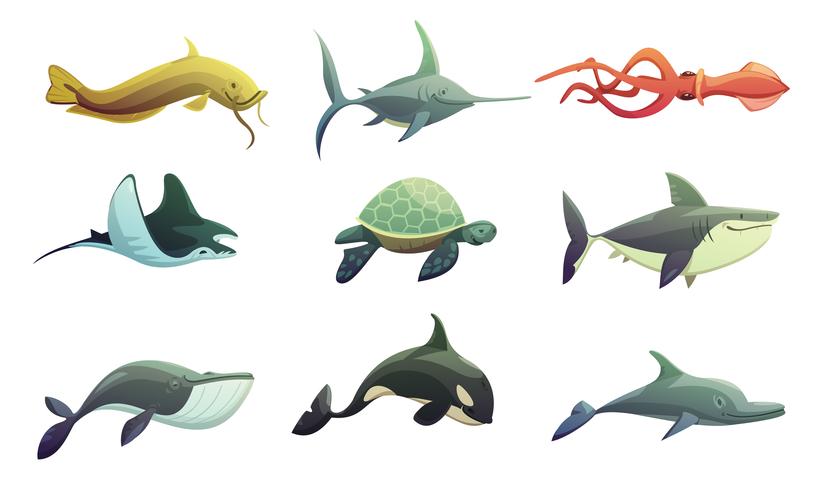 Fish And Marine Animals Cartoon Set  vector