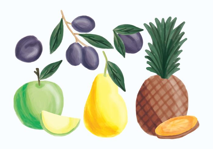 Vector Hand Drawn Pineapple, Apple, Pear and Plums
