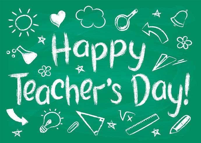Happy Teachers Day greeting card or placard on green chalk board in sketchy style with handdrawn school doodles. vector