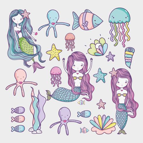 Little mermaid and sea animals art cartoon vector