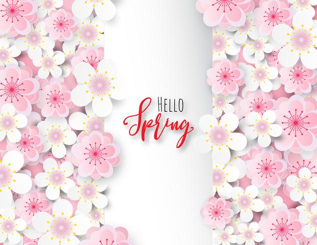 Plum flower or cherry blossom with white square. vector