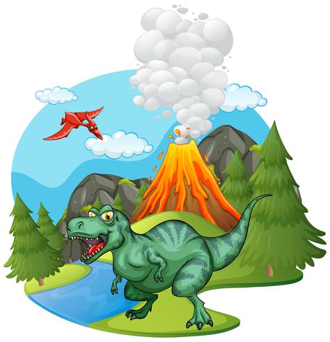 T-Rex roaring by the volcano vector