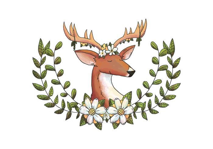 Watercolor Deer Animal Forest With Flower Crown And Leaves And Yellow Flowers vector