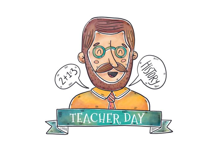 Watercolor Teacher Man  Wearing Glasses And Smiling With Speech Bubble And Ribbon To Teacher Day vector
