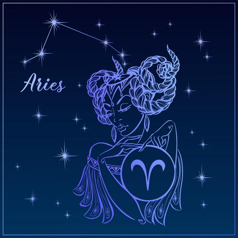 Zodiac sign Aries as a beautiful girl. The Constellation Of Aries. Night sky. Horoscope. Astrology. Vector. vector