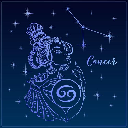 Zodiac sign Cancer as a beautiful girl. The Constellation Of Cancer. Night sky. Horoscope. Astrology. Vector. vector