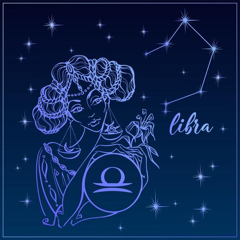 Zodiac sign Libra as a beautiful girl. The Constellation of Libra. Night sky. Horoscope. Astrology. Vector. vector