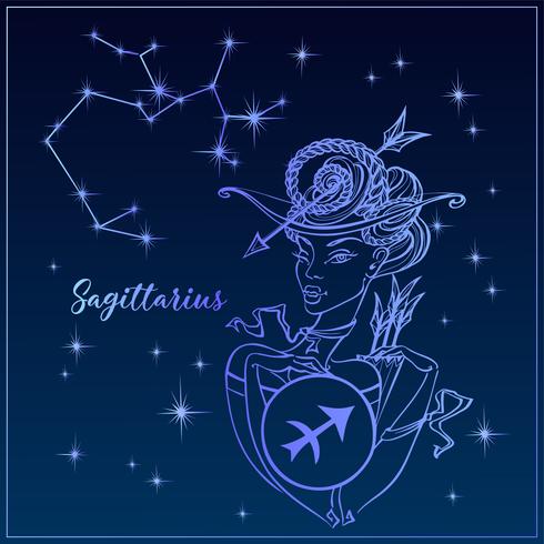 Zodiac sign Sagittarius a beautiful girl. The Constellation of Sagittarius. Night sky. Horoscope. Astrology. Vector. vector