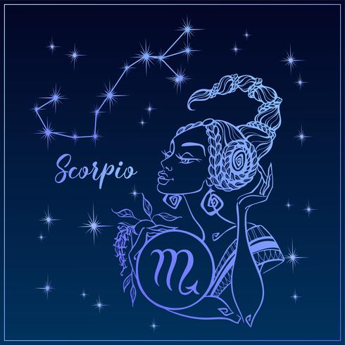 Zodiac sign Scorpio as a beautiful girl. The Constellation of Scorpio. Night sky. Horoscope. Astrology. Vector. vector
