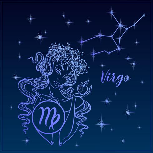 Zodiac sign Virgo as a beautiful girl. The Constellation of Virgo. Night sky. Horoscope. Astrology. Vector. vector